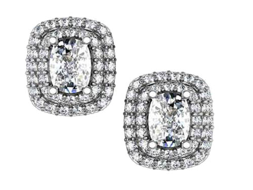 Cushion Cut Diamond Earrings, Side Diamonds, Diamond framing, Diamond Stud Earrings, White Gold